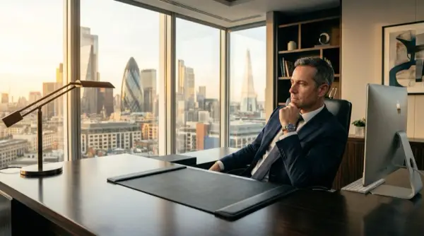 CEO Social Media — ejecutivo en su oficina con vista al skyline planifica su próximo post en LinkedIn