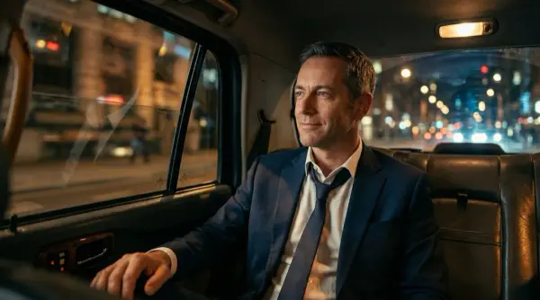 Ejecutivo en el taxi con luces de la ciudad — contenido para redes sociales surge entre reuniones