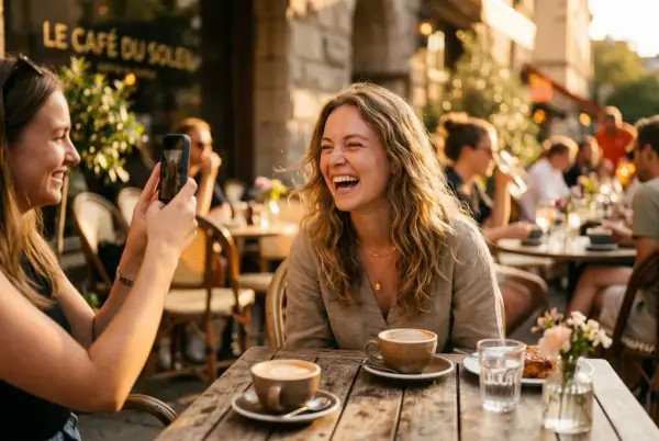 Dos amigas ríen bajo la luz del sol en un café, una sostiene el teléfono en alto