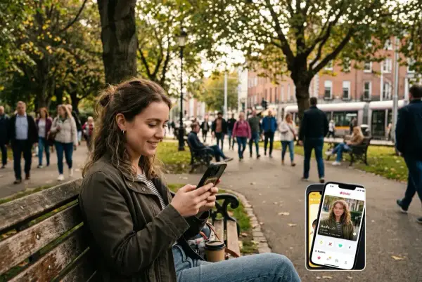 Una joven en un banco del parque navega por diferentes apps en su smartphone