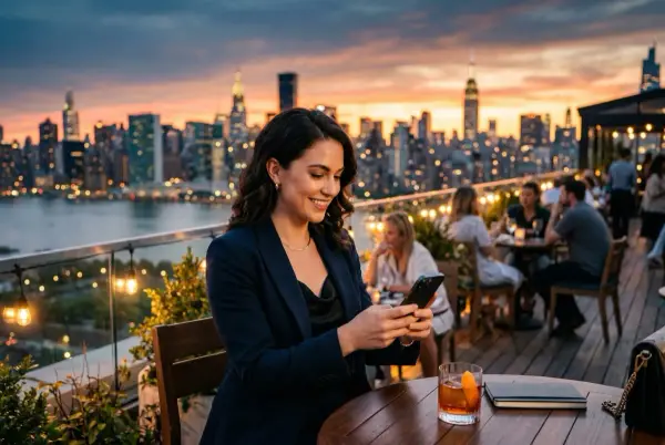 Flört profili iyileştirmek — genç bir kadın güneş batımında çatı barında Instagram'ı kontrol ediyor