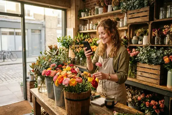A bouquet of flowers on a wooden counter, warmly lit by golden sunlight