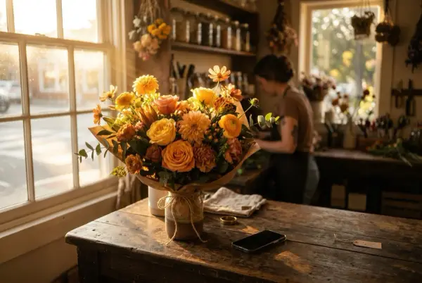 Relaxed shop owner after work, smiling at her phone