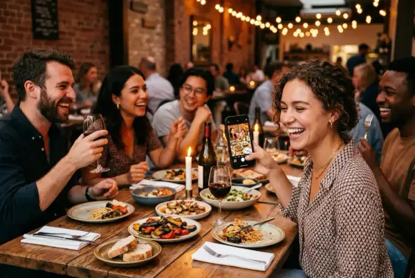 Amigos cenando, velas y luces decorativas, alguien fotografía la mesa puesta