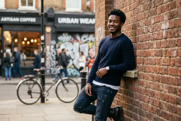 Instagram para solteros — joven apoyado casualmente contra una pared de ladrillo, foto natural de perfil de dating