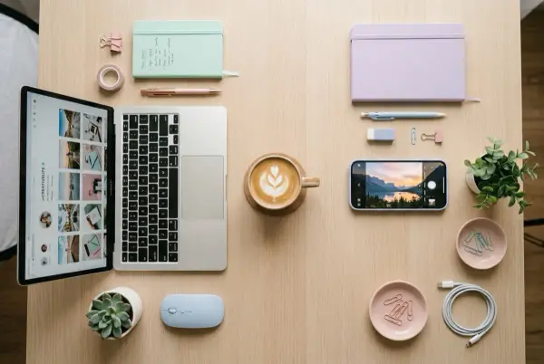 Una diseñadora gráfica trabaja concentrada en su estudio creativo, luz cálida, moodboards coloridos en la pared