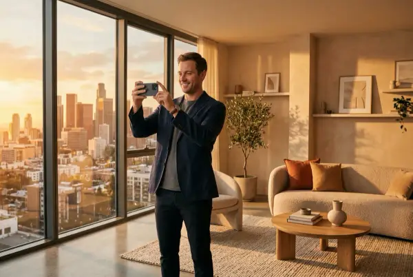 Un agente inmobiliario fotografía un apartamento moderno con el smartphone, luz dorada de la tarde