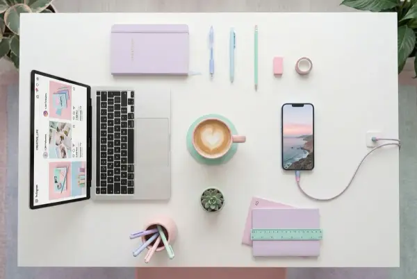 Creación de contenido con IA — espacio de trabajo simétrico con portátil y smartphone para automatización de redes sociales