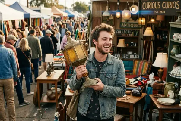 Genç bir adam bit pazarında gülerek tuhaf bir vintage lamba tutmuş