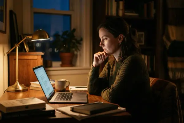 Una persona sentada de noche en el escritorio, luz lateral dramática de una lámpara, mirada pensativa hacia la pantalla