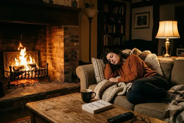 Una mujer cansada en el sofá frente a la chimenea, resplandor cálido del fuego, taza de café vacía en la mesa