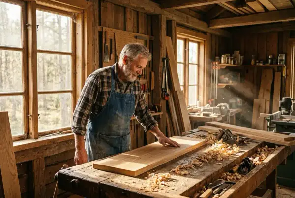 Un carpintero en su taller acaricia la veta de una tabla de roble recién cepillada