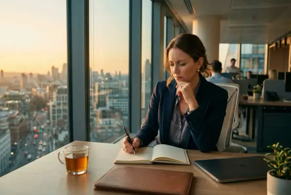 Bir danışman masasında düşünceli oturuyor, pencerelerden altın öğleden sonra ışığı, arka planda şehir manzarası