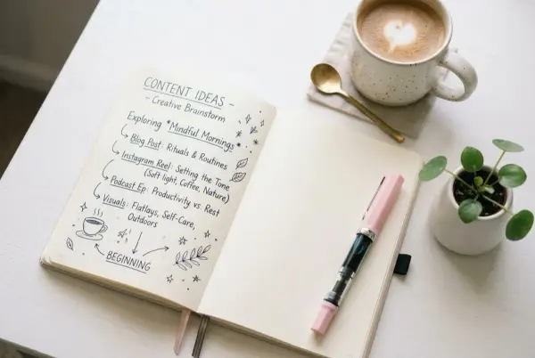 Aydınlık bir masada kahve fincanının yanında el yazısı içerik fikirleri olan bir defter