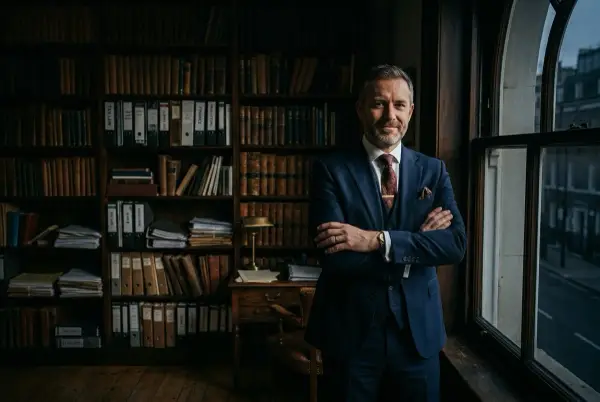 Ofisinin penceresinde duran kendinden emin bir mali müşavir, dramatik yan ışık