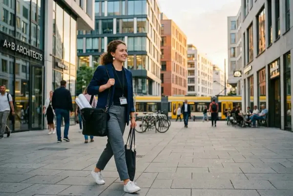 Construir marca personal — arquitecta camina segura por el centro de la ciudad después del trabajo