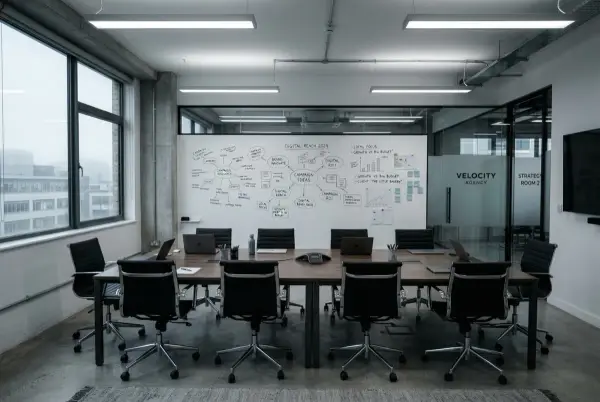Una oficina de agencia fría y vacía con larga mesa de conferencias y pizarras, atmósfera impersonal
