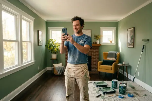 Alternativa a agencia de redes sociales — pintor con ropa de trabajo fotografía orgulloso su salón recién pintado con el móvil