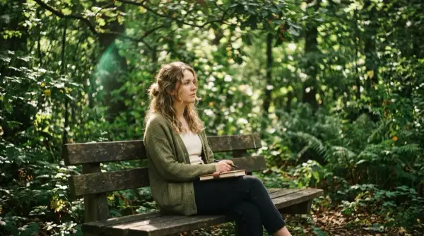 Una joven sentada pensativa en un banco del parque bajo la luz del sol, las hojas proyectan patrones en el camino