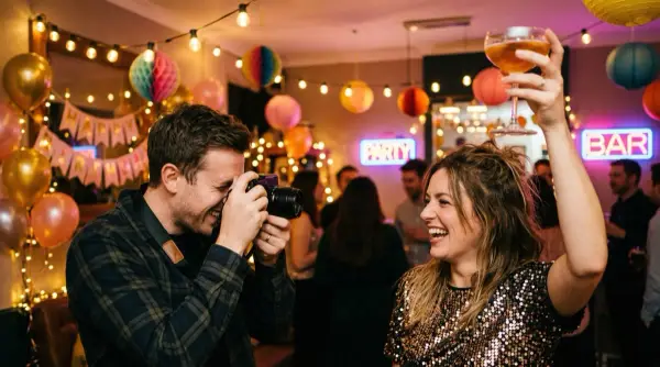 Atractivo en redes sociales — dos personas en una fiesta brindan riendo con cócteles, luces decorativas al fondo