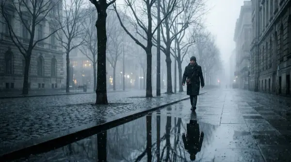 Una persona camina sola por una calle invernal con niebla, reflejo en un charco
