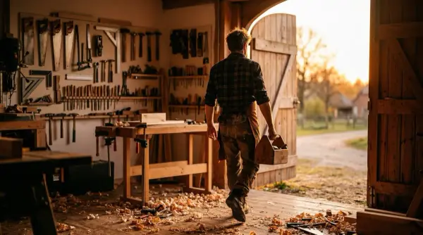 Social media automation ROI — carpenter leaves his workshop in the evening light, end of day instead of social media stress
