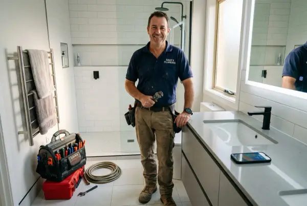 Bir tesisatçı yeni renovasyon yapılmış banyoda gururla duruyor, yanında aletleri