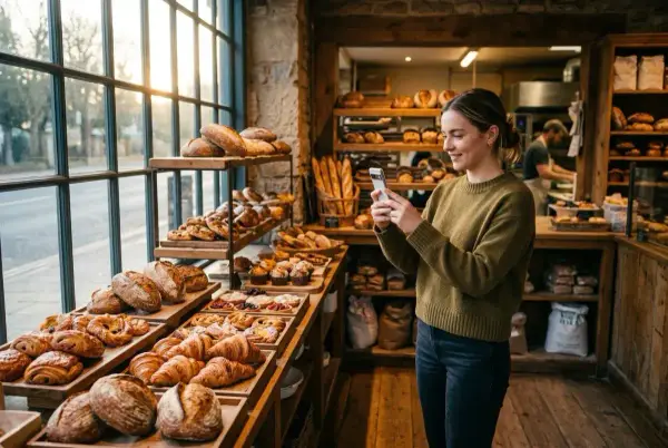 Sabah ışığı küçük bir fırına düşüyor, bir kadın akıllı telefonuyla vitrini fotoğraflıyor