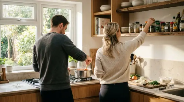 İlişkide sosyal medya — mutfakta birlikte yemek yapan çift, hikayenizi anlatan gündelik anlar