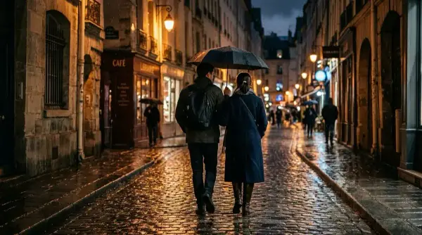 Islak arnavut kaldırımlı sokakta bir şemsiyeyi paylaşan çift — sahnelenmiş mükemmellik yerine gerçek anlar