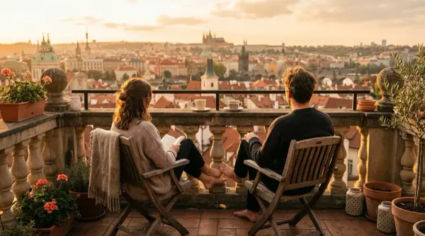 Pazar sabahı balkonda — kahve, çatı manzarası ve birlikte huzur