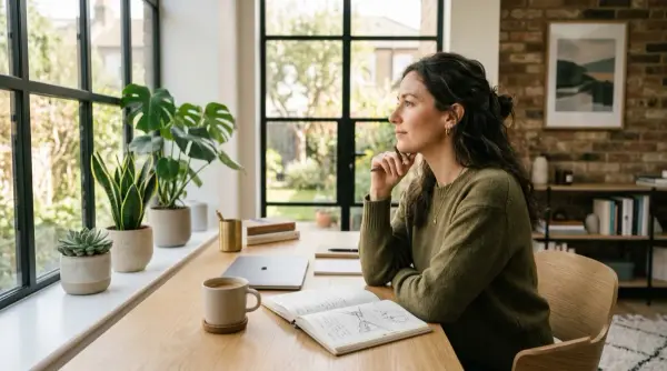 Founder at her desk in profile — focused at work, daylight through large windows