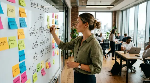 Social media for startups — founder at whiteboard with sticky notes, strategy session in the startup office