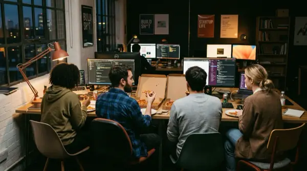 Startup team eating pizza in the office at night — real moments instead of glossy marketing