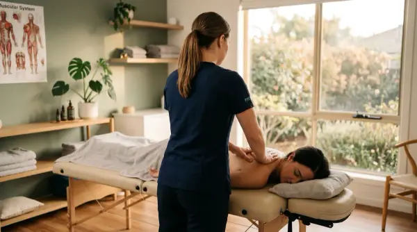 Fisioterapeuta durante el tratamiento — manos sobre el hombro del paciente, cálida luz natural