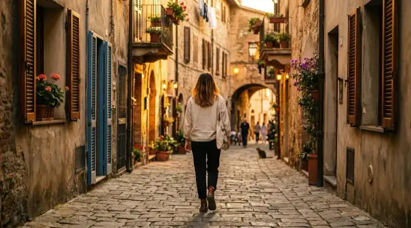 Joven mujer camina por la tarde por un callejón del casco antiguo — fin de jornada en vez de estrés por redes sociales
