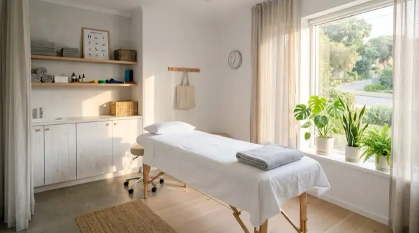 Redes sociales sin agencia — consulta de fisioterapia con luz matinal, atmósfera tranquila antes del primer paciente