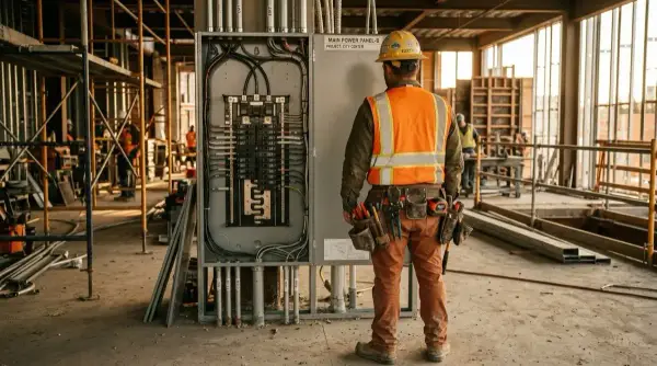 Elektrikçi arkadan şantiyede — bitmiş pano önünde gururla