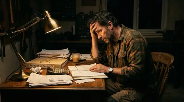 Sosyal medya dış kaynak maliyetleri — esnaf geç saatte masasında, uzun bir iş gününden sonra evrak işinden yorgun