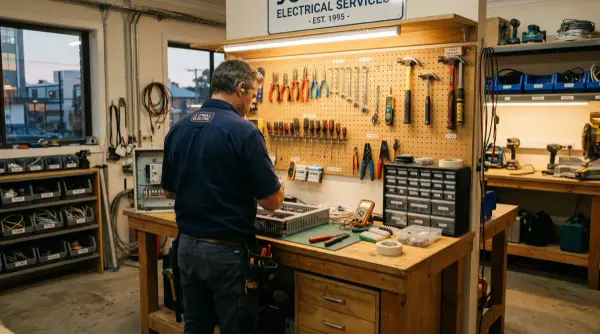 Düzenli atölyede elektrikçi — duvarda derli toplu aletler, memnun mesai sonu