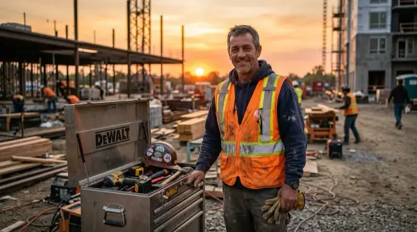 Esnaf mesai sonunda alet toplayıyor — şantiyede akşam güneşi