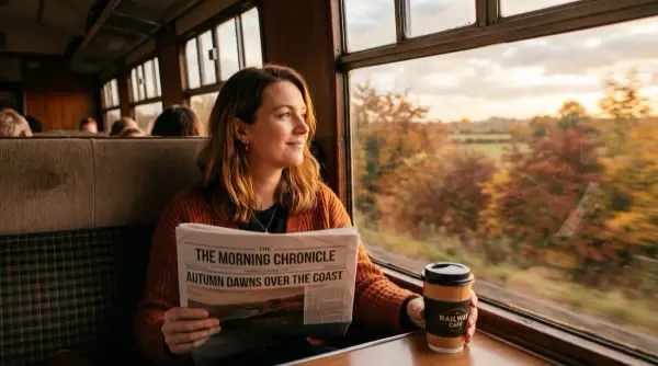 Sosyal medya zaman kazanmak — sabah trende gazete ve kahveyle kadın, otomasyon sayesinde rahat iş yolculuğu