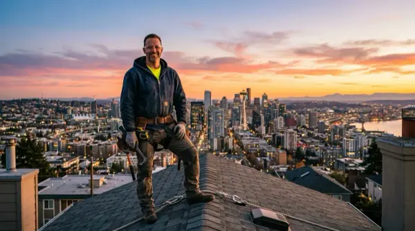 Roofer on the roof with a city panorama — proud look over the finished work