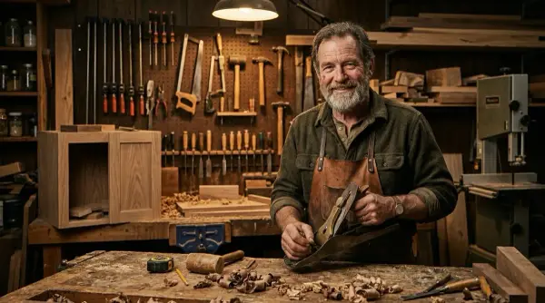 Master carpenter in his workshop with a hand plane — warm work light on wood shavings