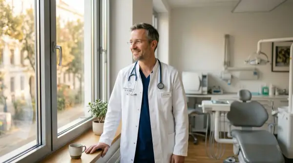 Social media tool Telegram — dentist in white coat by the practice window, brief break between patients